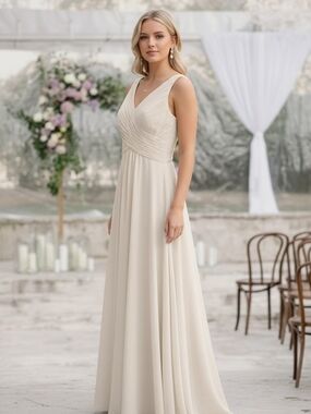 Azazie Cream V-Neck Ruched Bodice Maxi Dress
